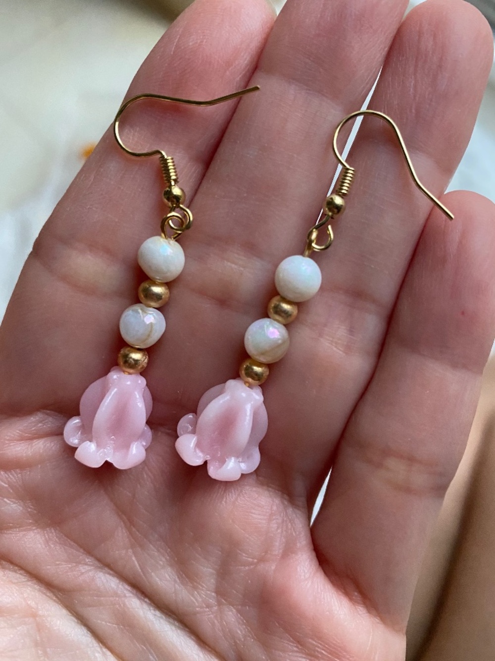 Handmade Pink Crown Flower Earrings - Picture 3 of 3